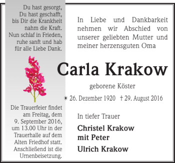 Traueranzeige von Carla Krakow von Zeitung für die Landeshauptstadt