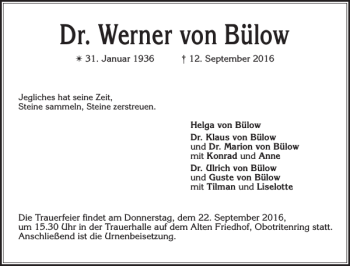 Traueranzeige von Dr. Werner von Bülow von Zeitung für die Landeshauptstadt