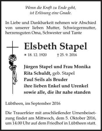 Traueranzeige von Elsbeth Stapel von Hagenower Kreisblatt