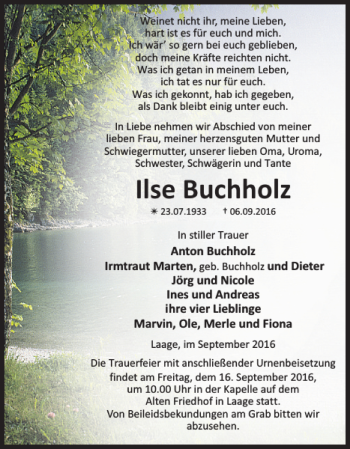 Traueranzeige von Ilse Buchholz von Güstrower Anzeiger