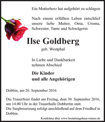 Traueranzeige von Ilse Goldberg von Zeitung für Lübz - Goldberg - Plau