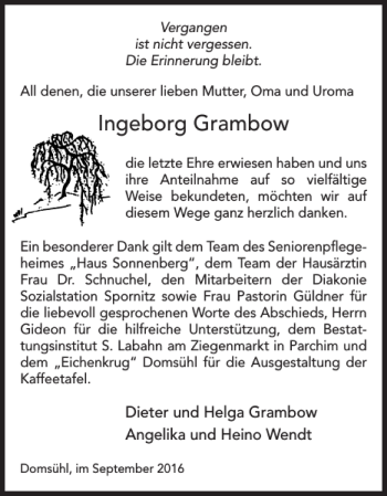 Traueranzeige von Ingeborg Grambow von Parchimer Zeitung