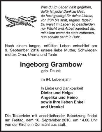 Traueranzeige von Ingeborg Grambow von Parchimer Zeitung