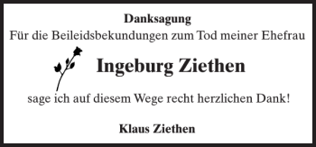 Traueranzeige von Ingeburg Ziethen von Zeitung für die Landeshauptstadt