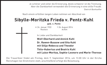 Traueranzeige von Sibylle-Moritzka Frieda v. Pentz-Kuhl von Güstrower Anzeiger