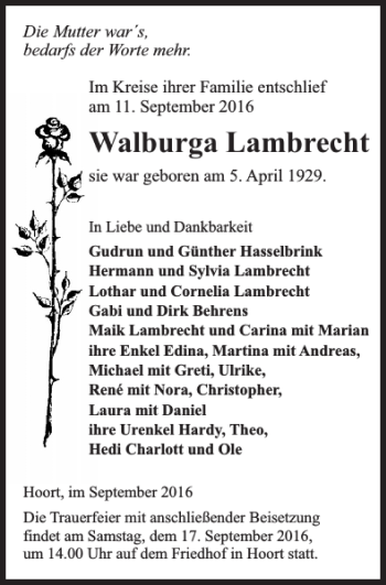 Traueranzeige von Walburga Lambrecht von Hagenower Kreisblatt