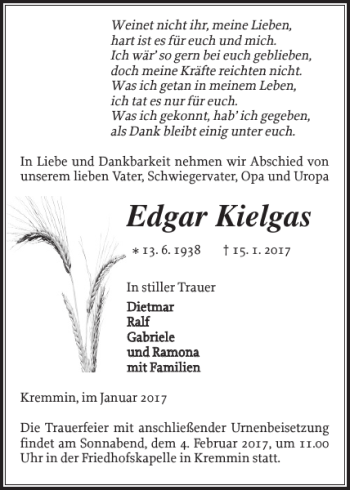 Traueranzeige von Edgar Kielgas von Ludwigsluster Tageblatt