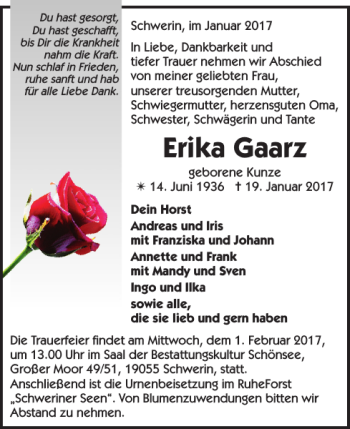 Traueranzeige von Erika Gaarz von Zeitung für die Landeshauptstadt