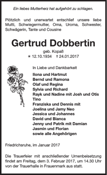 Traueranzeige von Gertrud Dobbertin von Parchimer Zeitung