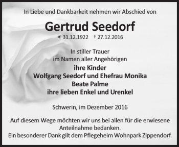 Traueranzeige von Gertrud Seedorf von Zeitung für die Landeshauptstadt