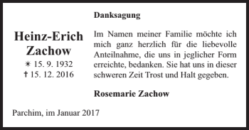 Traueranzeige von Heinz-Erich Zachow von Parchimer Zeitung