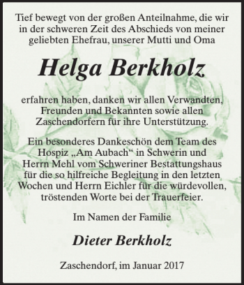 Traueranzeige von Helga Berkholz von Anzeiger für Sternberg - Brüel - Warin