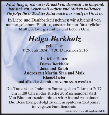 Traueranzeige von Helga Berkholz von Anzeiger für Sternberg - Brüel - Warin