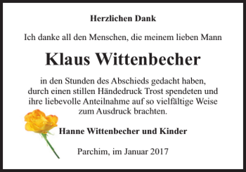 Traueranzeige von Klaus Wittenbecher von Parchimer Zeitung