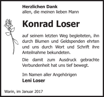 Traueranzeige von Konrad Loser von Anzeiger für Sternberg - Brüel - Warin