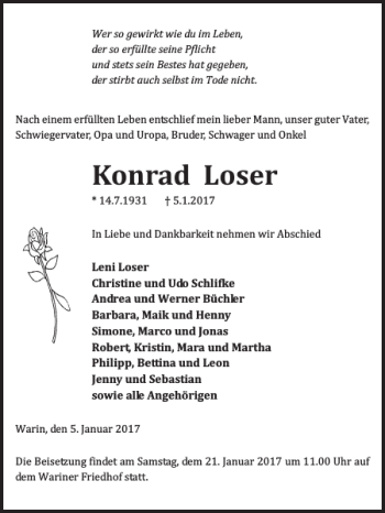 Traueranzeige von Konrad Loser von Anzeiger für Sternberg - Brüel - Warin