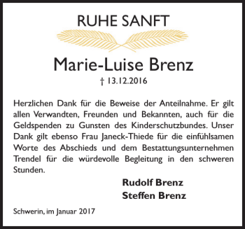 Traueranzeige von Marie-Luise Brenz von Zeitung für die Landeshauptstadt