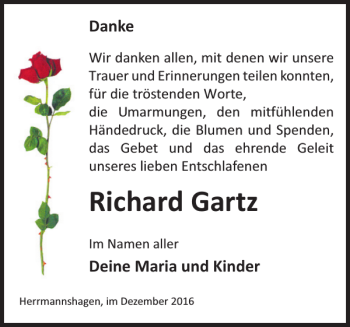 Traueranzeige von Richard Gartz von Bützower Zeitung