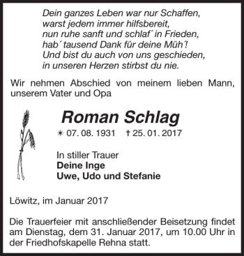 Traueranzeige von Roman Schlag von Gadebusch-Rehnaer Zeitung