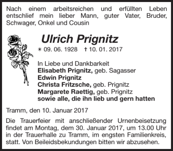 Traueranzeige von Ulrich Prignitz von Zeitung für die Landeshauptstadt