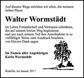 Traueranzeige von Walter Wormstädt von Hagenower Kreisblatt