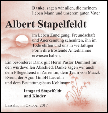 Traueranzeige von Albert Stapelfeldt von Hagenower Kreisblatt