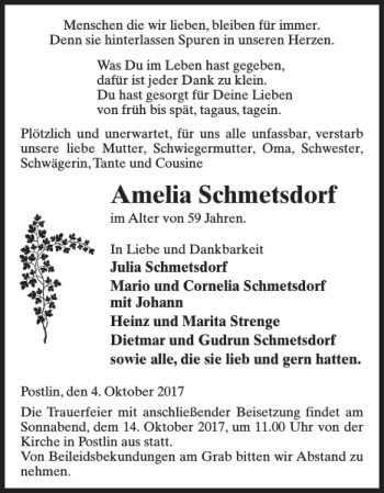 Traueranzeige von Amelia Schmetsdorf von Der Prignitzer