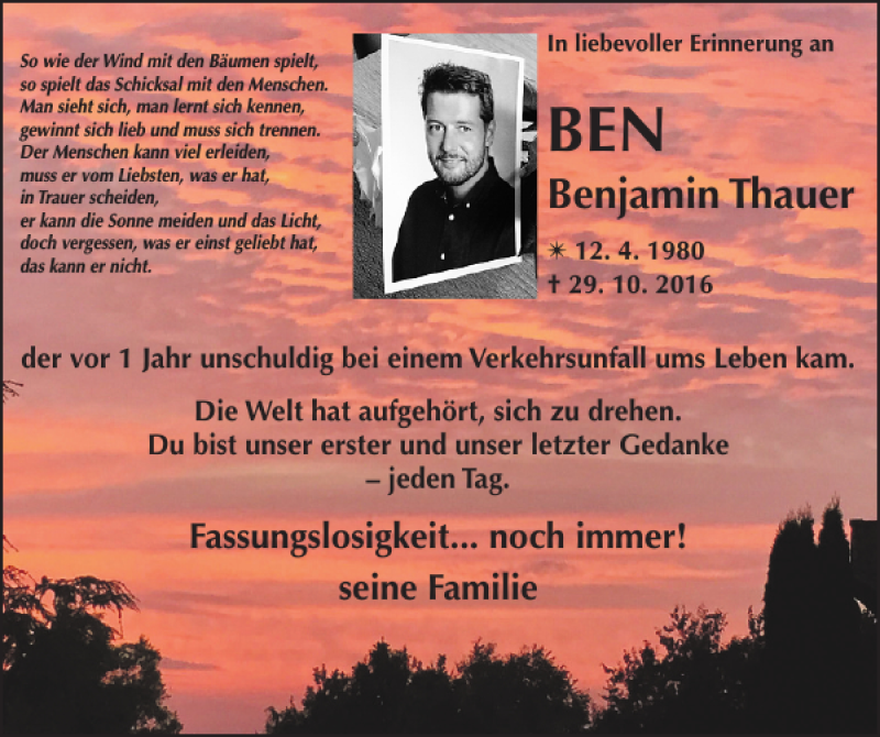  Traueranzeige für BEN Benjamin Thauer vom 28.10.2017 aus Zeitung für die Landeshauptstadt