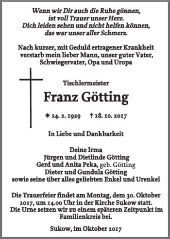 Traueranzeige von Franz Götting von Zeitung für die Landeshauptstadt