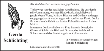 Traueranzeige von Gerda Schlichting von Hagenower Kreisblatt