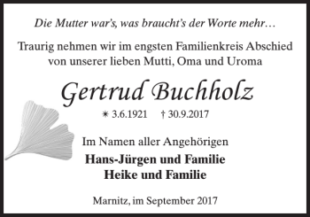 Traueranzeige von Gertrud Buchholz von Parchimer Zeitung