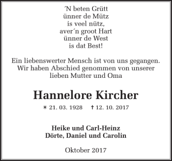 Traueranzeige von Hannelore Kircher von Zeitung für die Landeshauptstadt