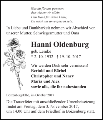 Traueranzeige von Hanni Oldenburg von Hagenower Kreisblatt