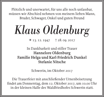 Traueranzeige von Klaus Oldenburg von Zeitung für die Landeshauptstadt