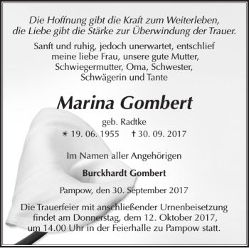 Traueranzeige von Marina Gombert von Zeitung für die Landeshauptstadt