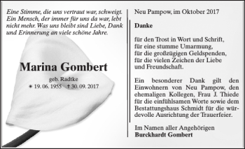 Traueranzeige von Marina Gombert von Zeitung für die Landeshauptstadt