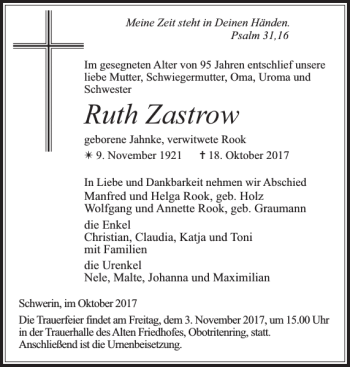 Traueranzeige von Ruth Zastrow von Zeitung für die Landeshauptstadt