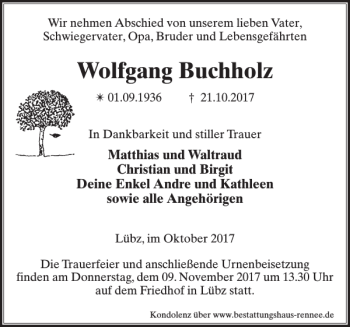 Traueranzeige von Wolfgang Buchholz von Zeitung für Lübz - Goldberg - Plau