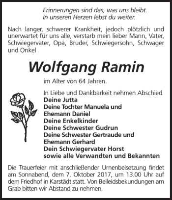 Traueranzeige von Wolfgang Ramin von Der Prignitzer