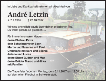 Traueranzeige von André Letzin von Zeitung für die Landeshauptstadt