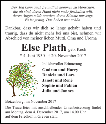 Traueranzeige von Else Plath von Hagenower Kreisblatt