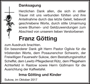 Traueranzeige von Franz Götting von Zeitung für die Landeshauptstadt