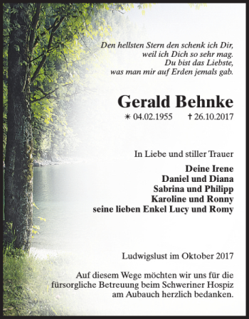 Traueranzeige von Gerald Behnke von Ludwigsluster Tageblatt