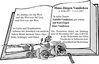 Traueranzeige von Hans-Jürgen Vandieken von Zeitung für die Landeshauptstadt