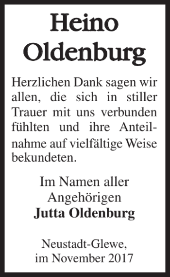 Traueranzeige von Heino Oldenburg von Ludwigsluster Tageblatt