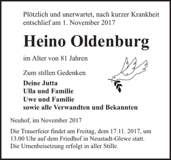 Traueranzeige von Heino Oldenburg von Ludwigsluster Tageblatt