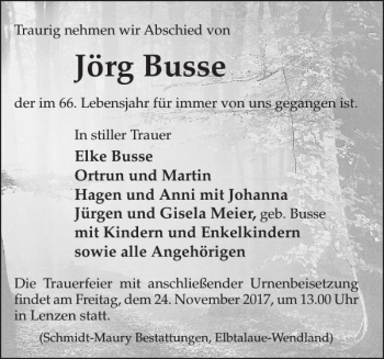 Traueranzeige von Jörg Busse von Der Prignitzer