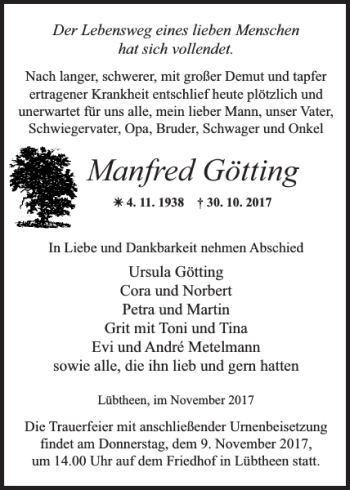 Traueranzeige von Manfred Götting von Hagenower Kreisblatt