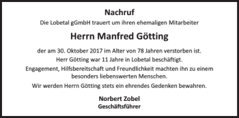 Traueranzeige von Manfred Götting von Hagenower Kreisblatt