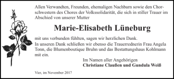 Traueranzeige von Marie-Elisabeth Lüneburg von Hagenower Kreisblatt